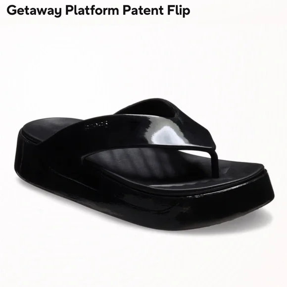 CROCS Black Patent Platform Sandals - Picture 6 of 7